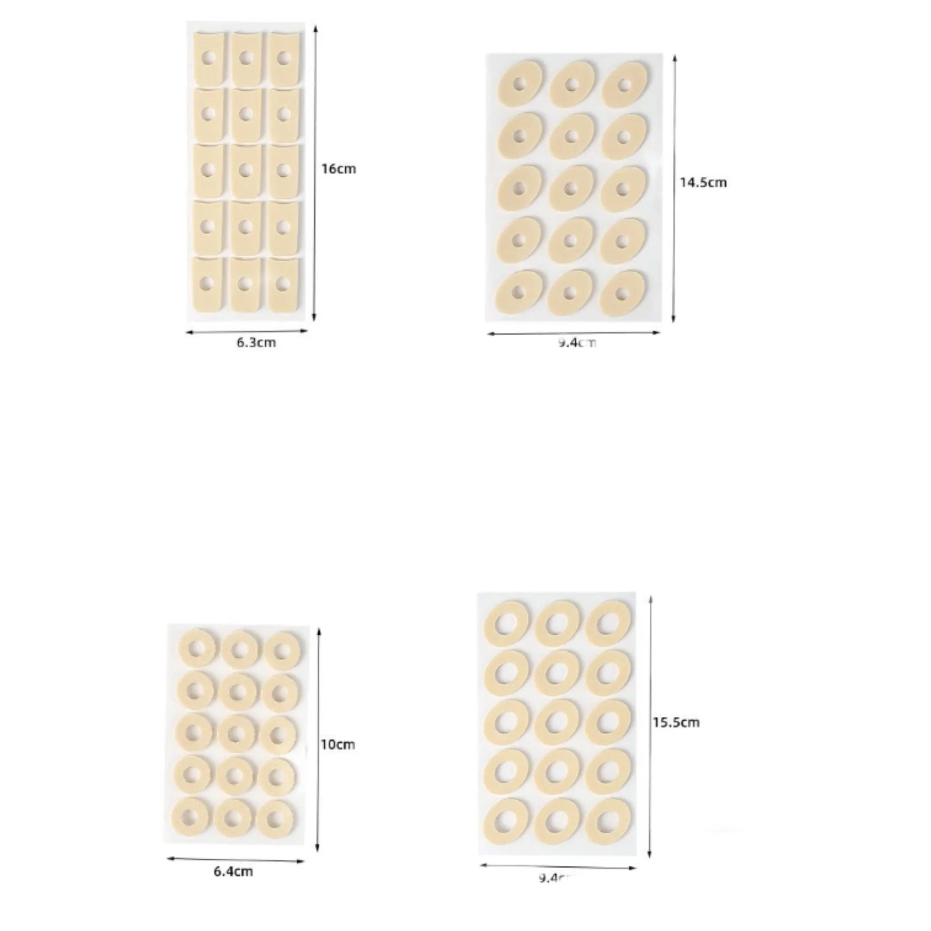 Four shapes of women's soft PU heel corn protectors: large oval, small oval, U-shaped, and circular pads.