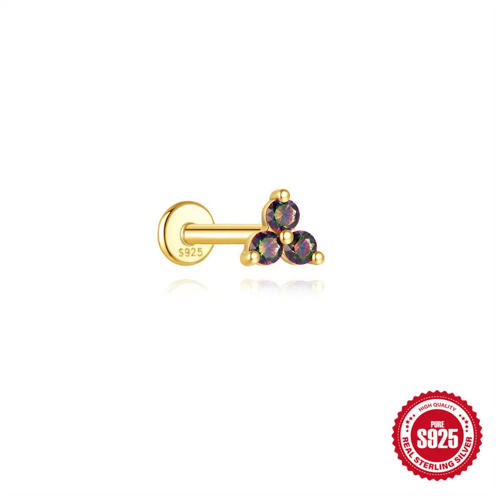 S925 sterling silver geometric ear stud with rainbow stone and super shiny gold-colour finish.