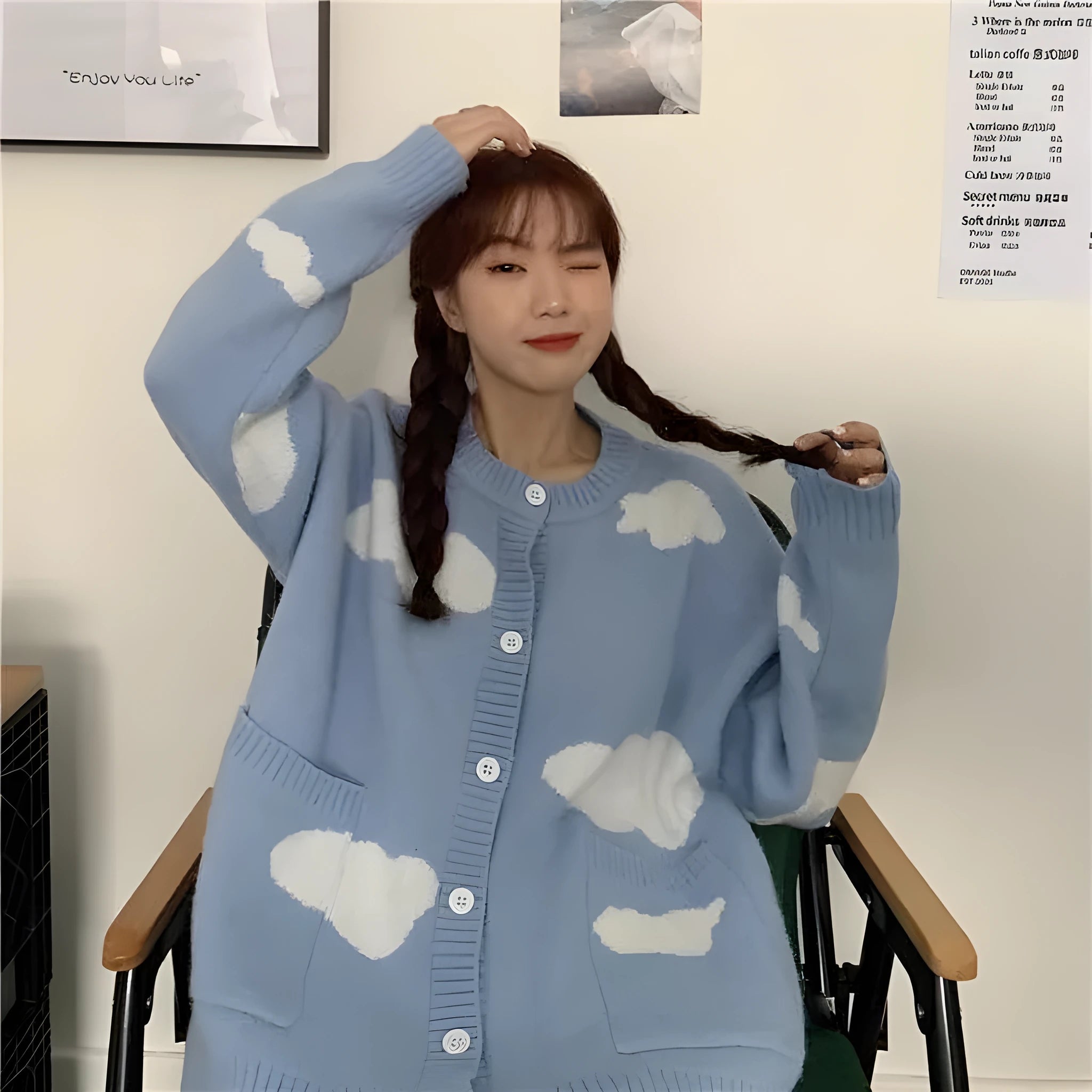 Women's blue cloud pattern spandex cardigan with loose fit and long sleeves