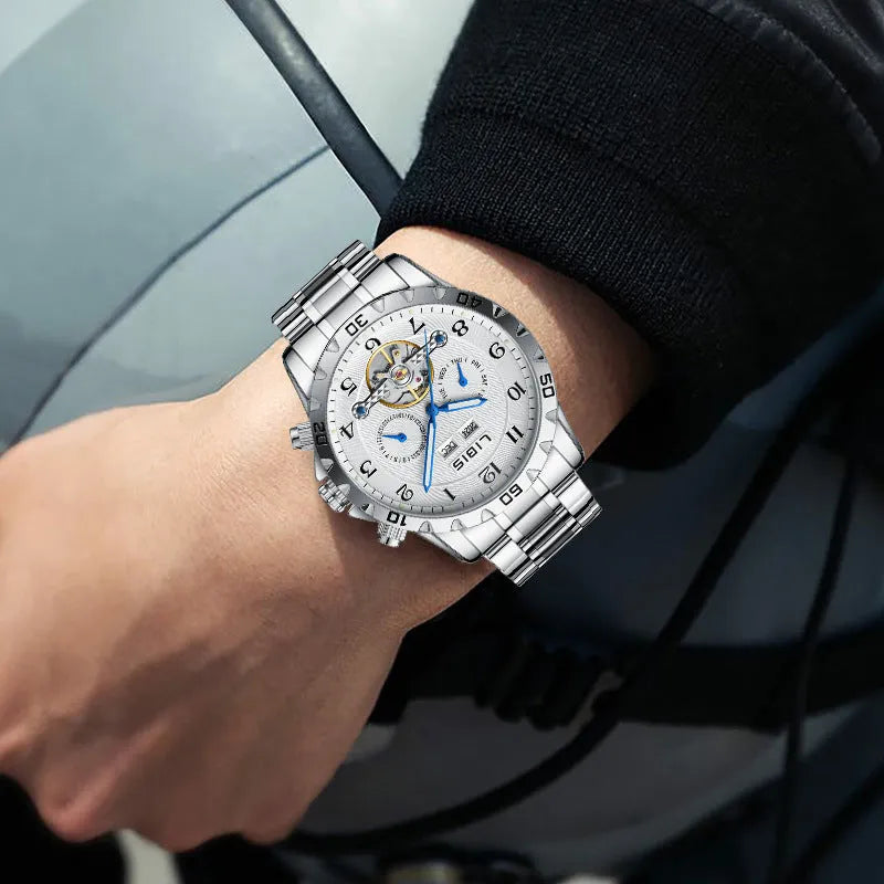 Men's automatic perpetual calendar mechanical watch with silver stainless steel strap and sapphire crystal glass face