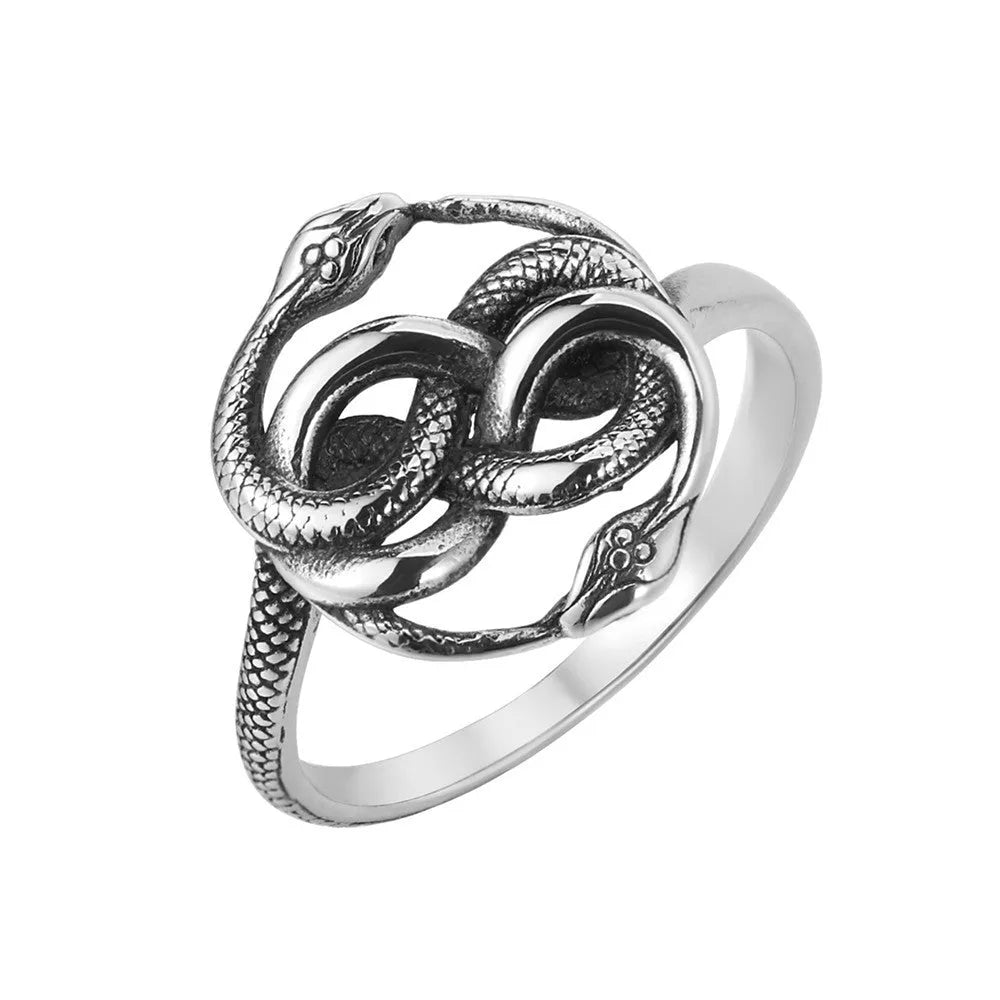 Retro double snake ring in titanium steel with steel colour finish showing entwined snake design