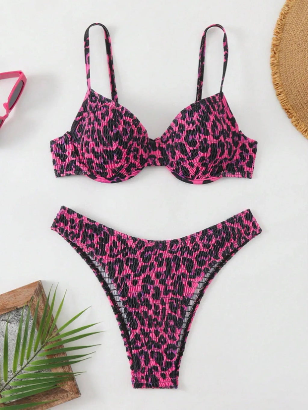 Women's leopard point print bikini swimsuit with backless design showing brown mixed colour option