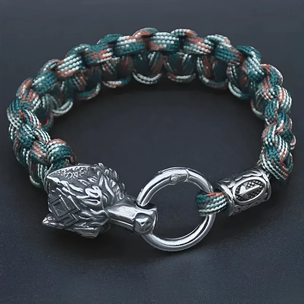 Stainless steel wolf head bracelet with Luen character in camouflage colour on wrist