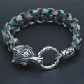 Stainless steel wolf head bracelet with Luen character in camouflage colour on wrist