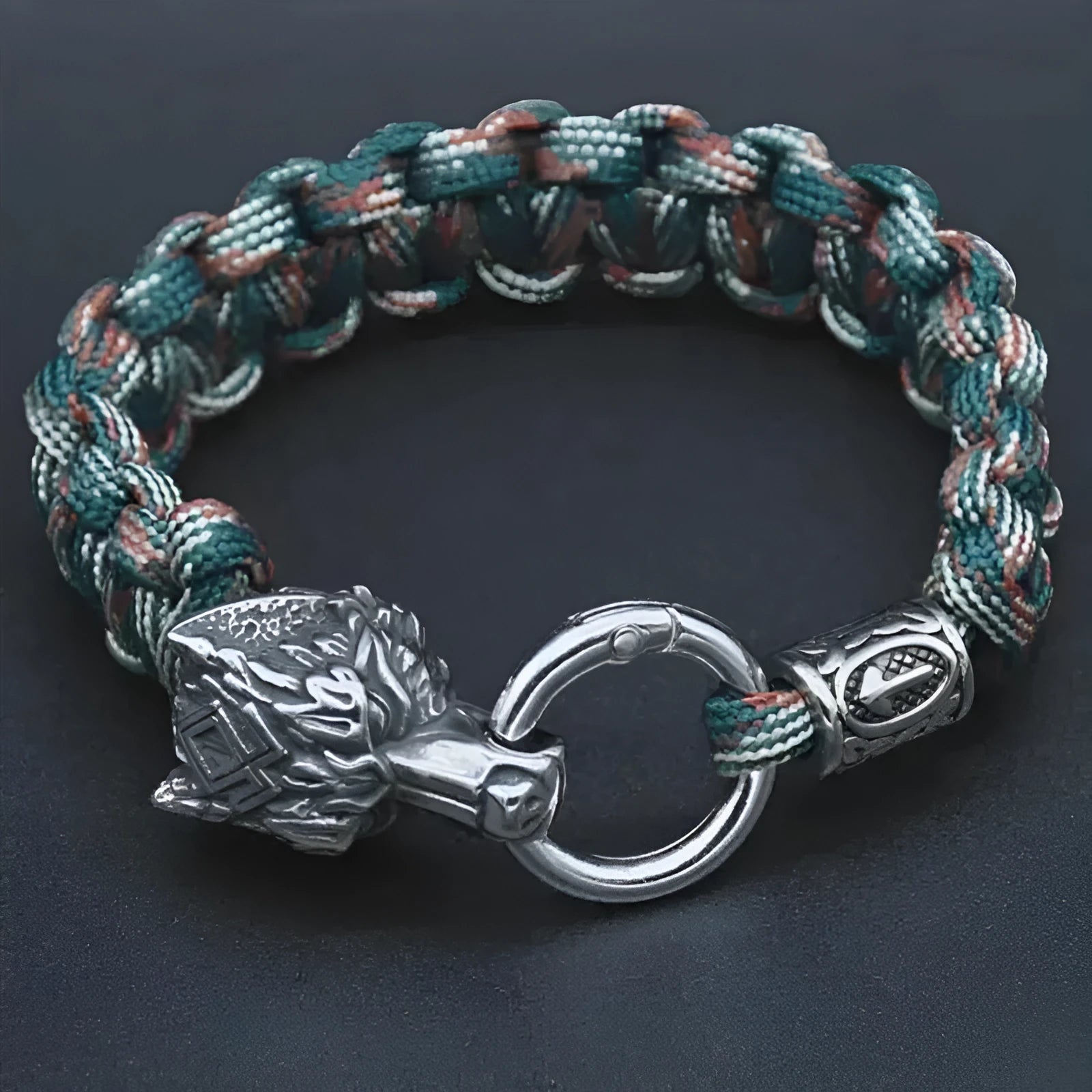Stainless steel wolf head bracelet with Luen character in camouflage colour on wrist