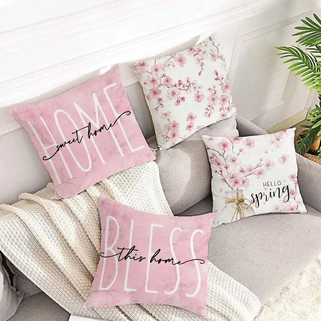 Square short velvet cushion cover with cherry blossom and letter print, 45cm by 45cm.