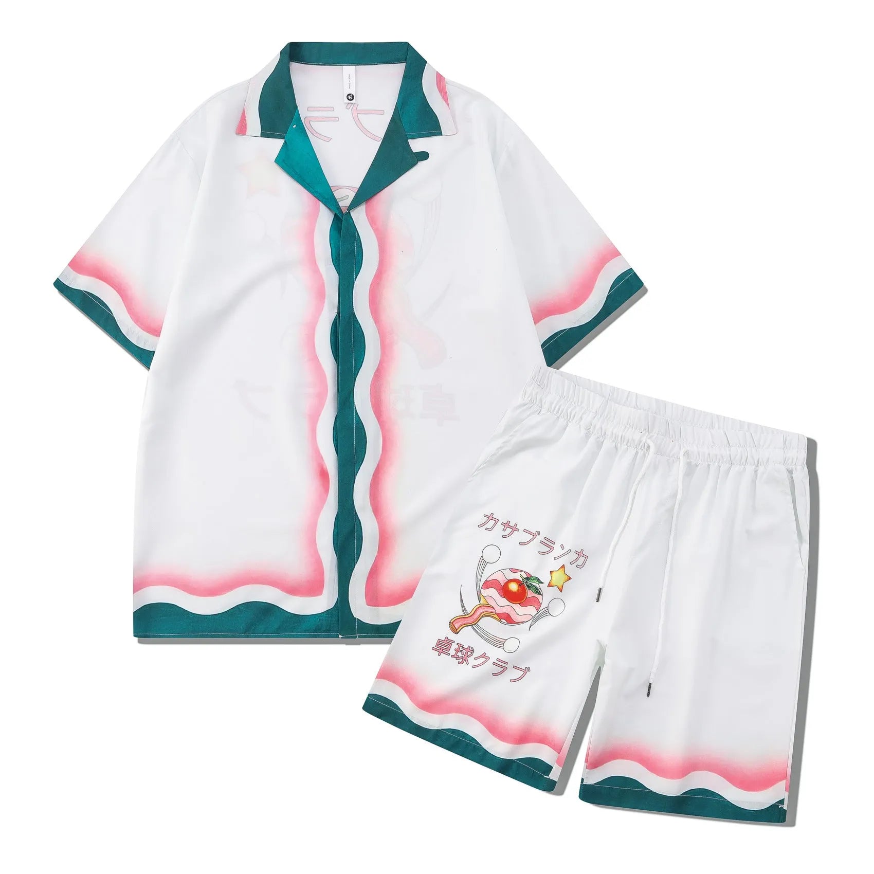 Men's plaid print polyester beach outfit consisting of a short-sleeve shirt and matching trousers.
