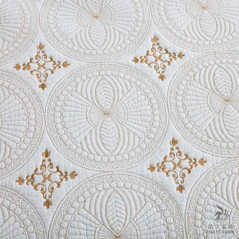 Pure cotton embroidered bedspread and pillowcase set in solid colour on a 1.8 metre bed.