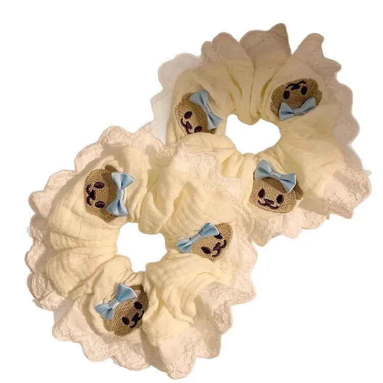 Blue cloth hair ring with bear decoration and bow, elastic large intestine style headband