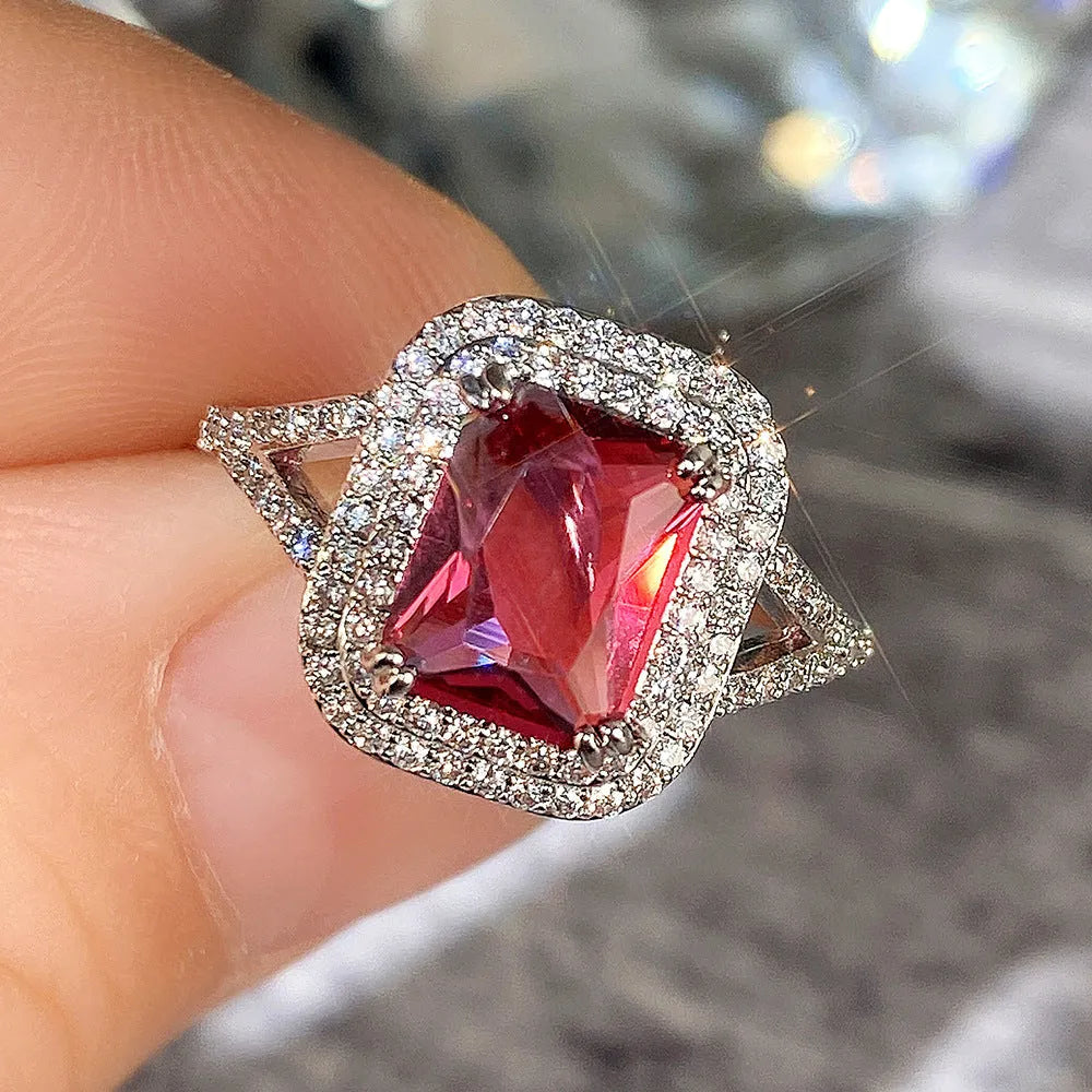 Women's copper geometric ring with square princess cut red rhinestones showing size options 6 through 10