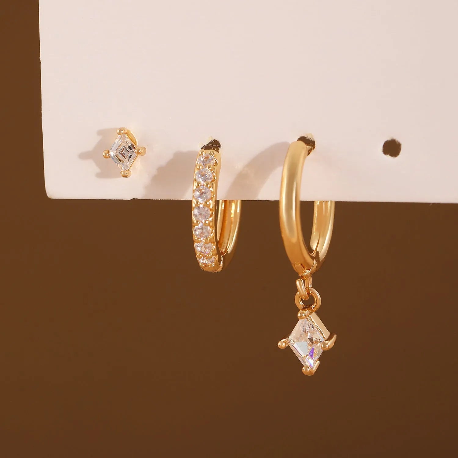 Ladies copper earring three-piece set with geometric zircon designs in gold or silver colour