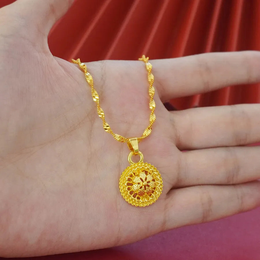 Gold-plated three-piece jewellery suit with three-layer flower design pendant, earrings, and ring on water wave chain