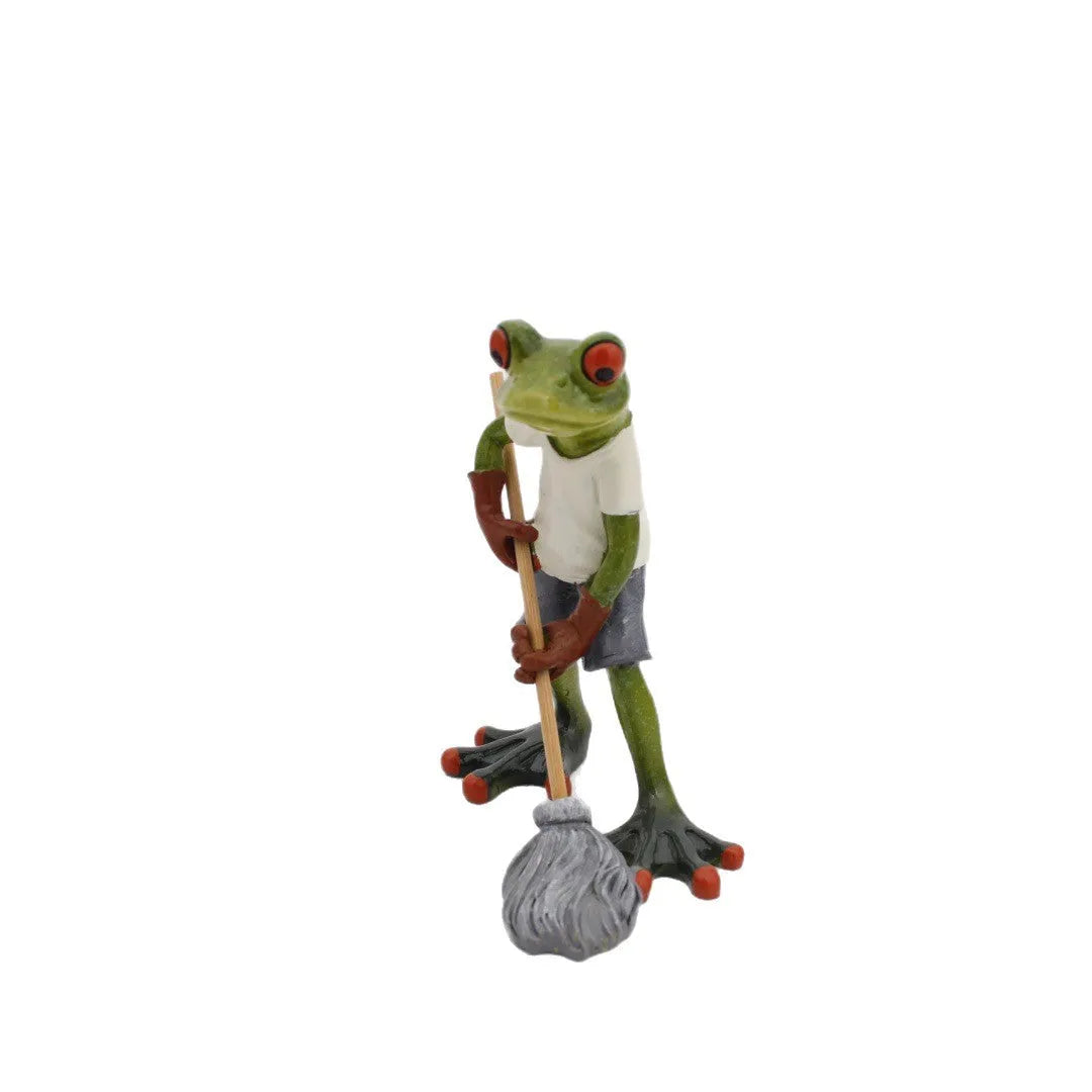 Pastoral style synthetic resin frog decoration figurine for home shelves.