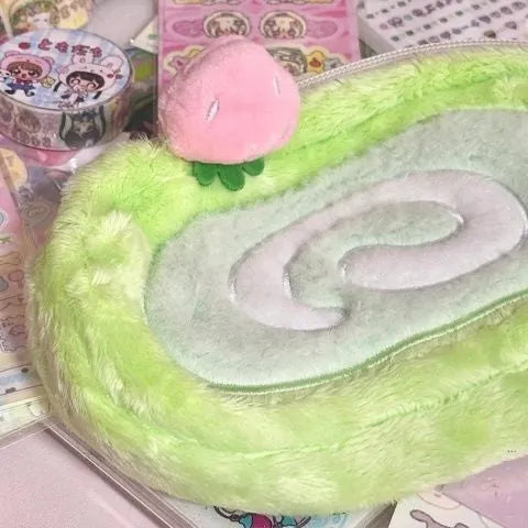 Velvet pencil case with Swiss roll cake pattern in Korean stationery style