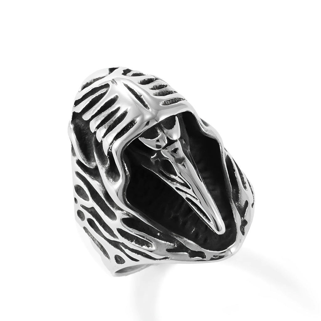 Black stainless steel crow punk ring with geometric design on finger