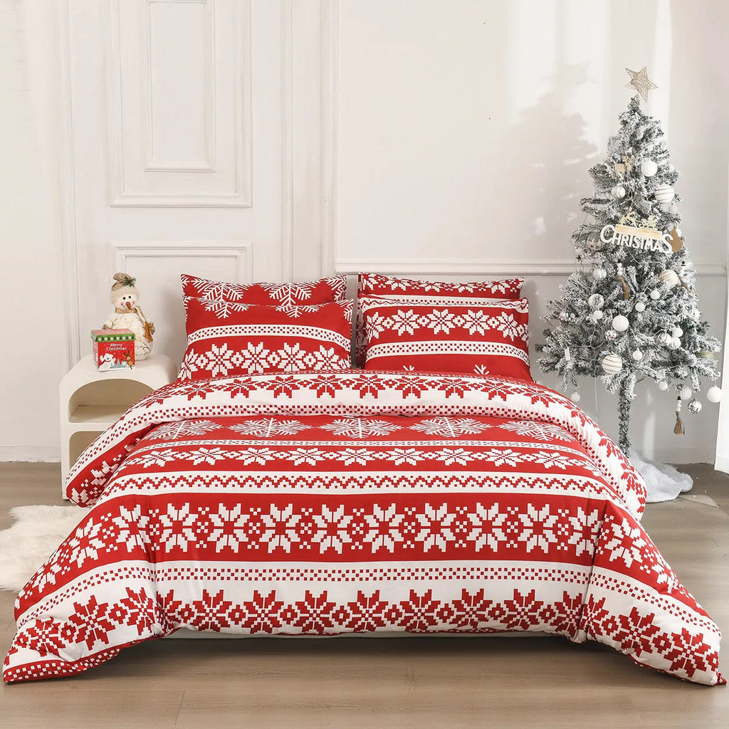 Red Winter Sleepers pattern bed three-piece set with quilt cover and pillowcases on 2.8m bed