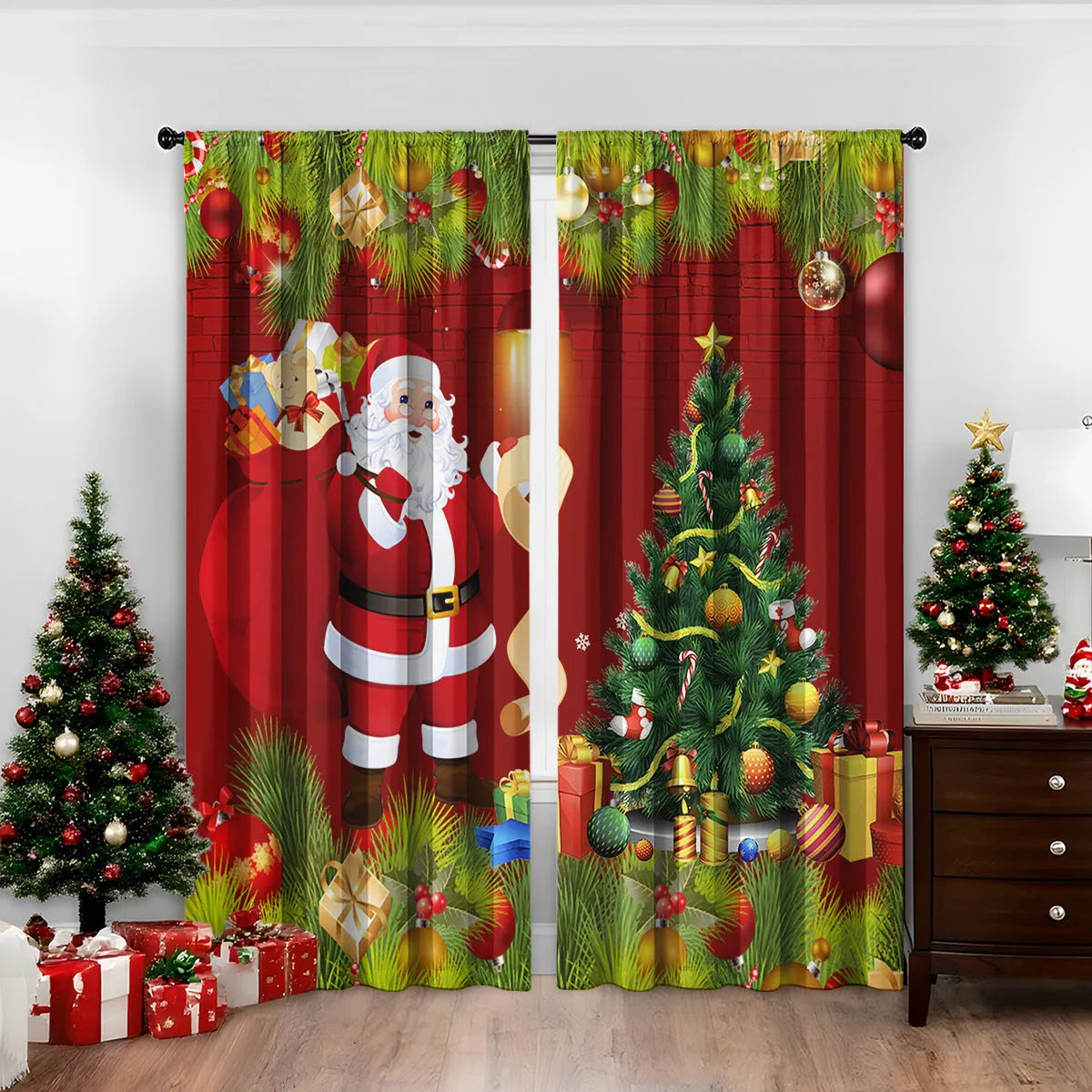 Pair of 3D digitally printed Christmas curtains with a European pattern on polyester fabric.