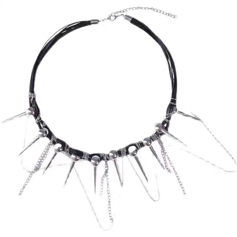 Women's leather necklace with electroplated rivets and a winding beaded tassel pendant
