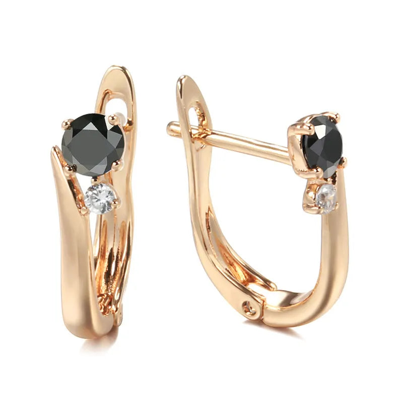 Gold women's earrings with black agate stone, geometric retro design in drop shape
