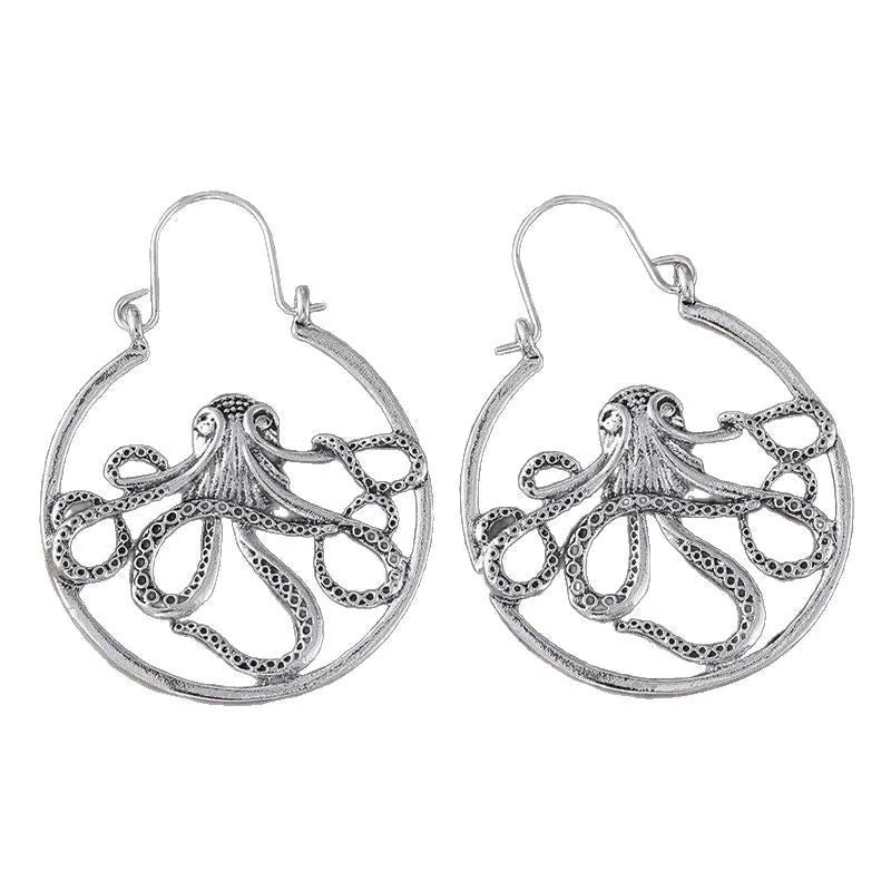 Vintage antique silver octopus earrings with electroplated finish and animal zodiac modelling