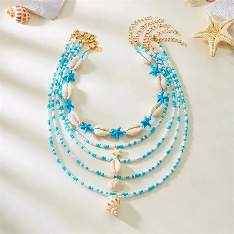 Women's starfish shell conch bead necklace five-piece set with blue and colourful electroplated alloy pendants