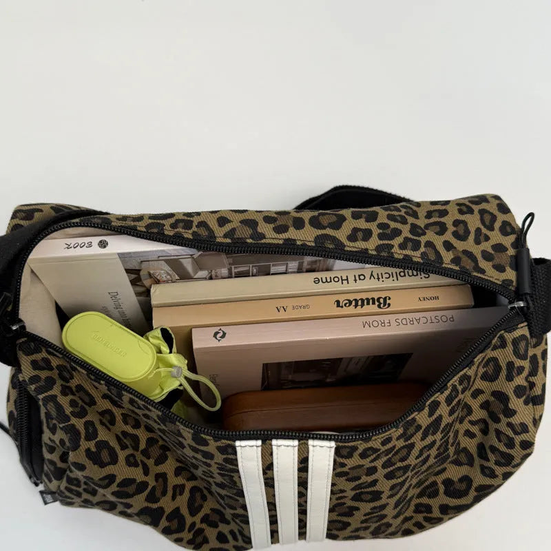 Large capacity leopard print crossbody shoulder bag with sports style stitching details