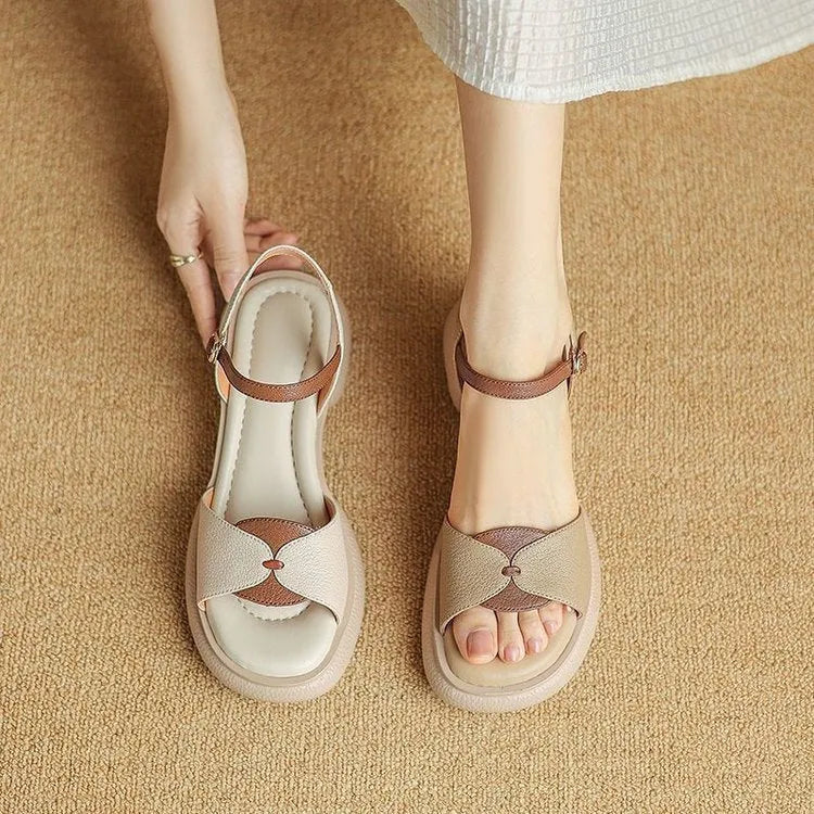Women's chunky heel platform sandals with open toe in khaki renewable leather