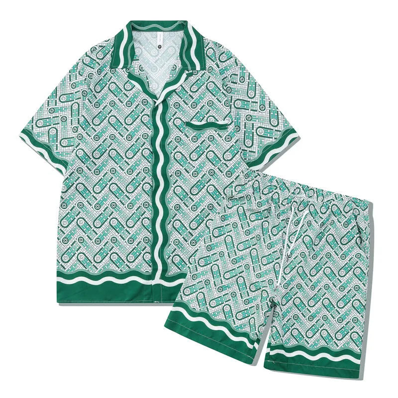 Men's plaid print polyester beach outfit consisting of a short-sleeve shirt and matching trousers.