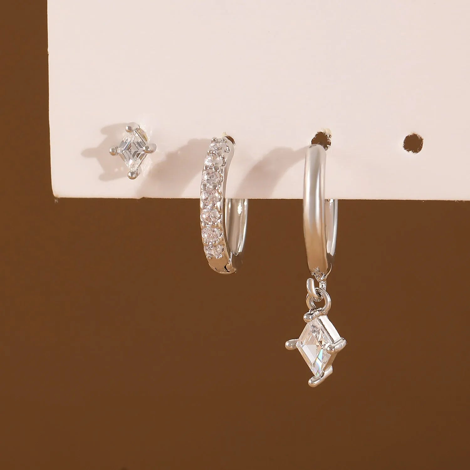 Ladies copper earring three-piece set with geometric zircon designs in gold or silver colour