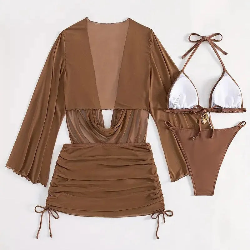 Dark brown women's lace-up back bikini set with sleeveless briefs design for swimming