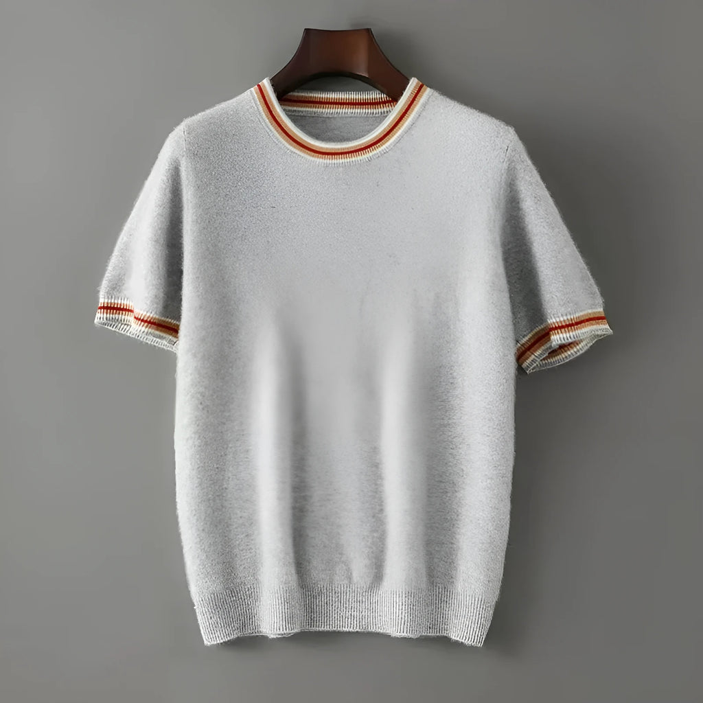 Men's grey pure wool short sleeve round neck pullover sweater laid flat