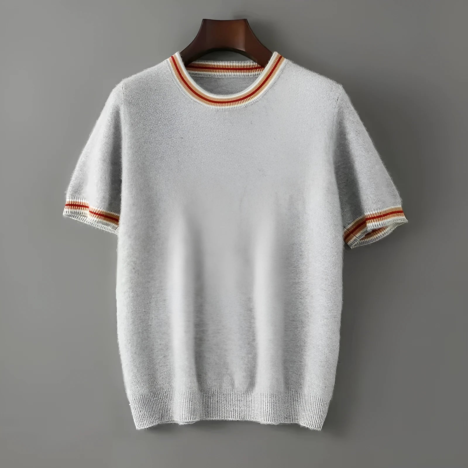 Men's grey pure wool short sleeve round neck pullover sweater laid flat