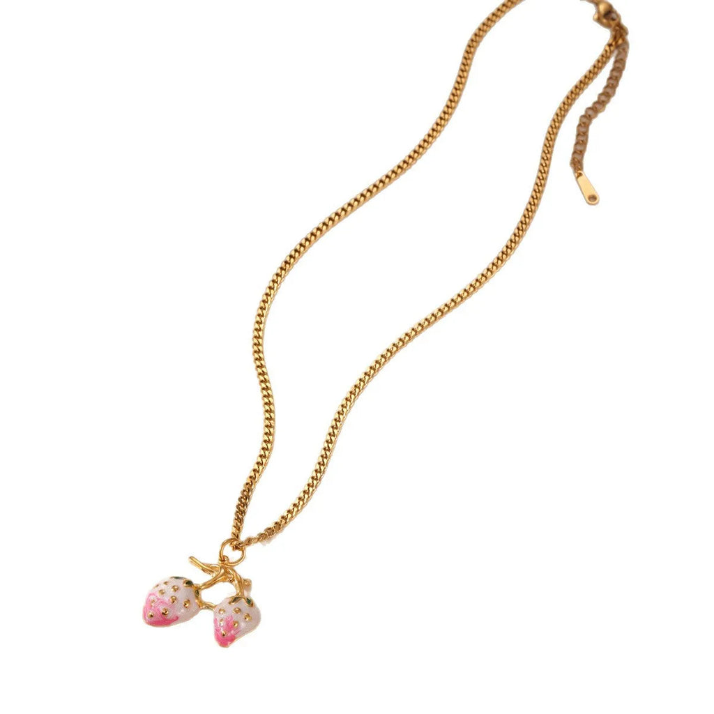 Stainless steel strawberry fruit pendant necklace in red and white gradient colour options.