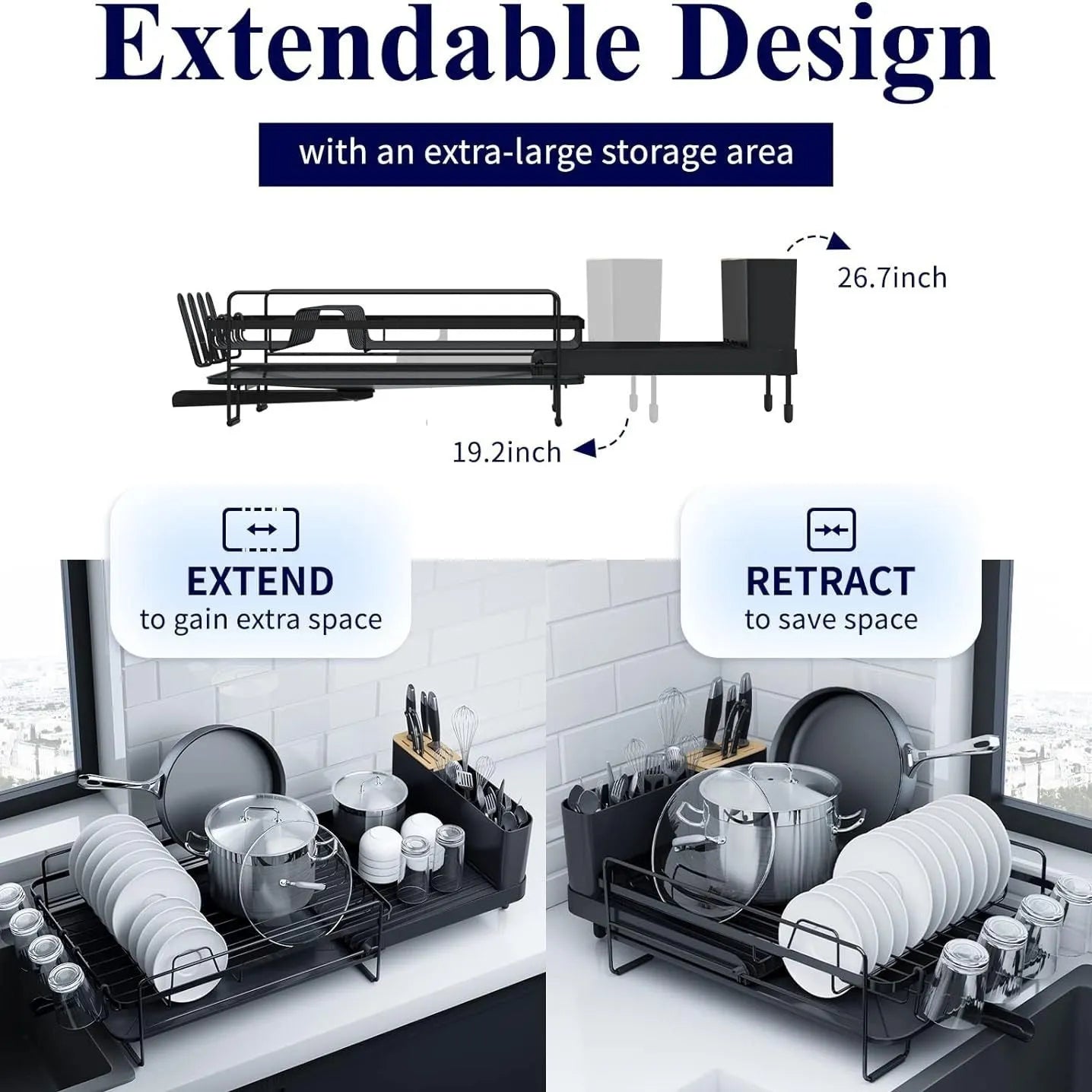 Retractable kitchen dish drying rack for cutlery and cups