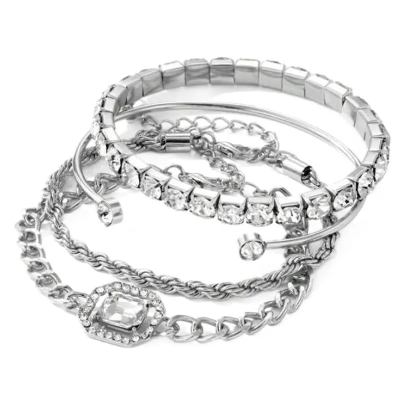 Women's retro geometric alloy bracelet four-piece set showing square diamond detailing on metal chain
