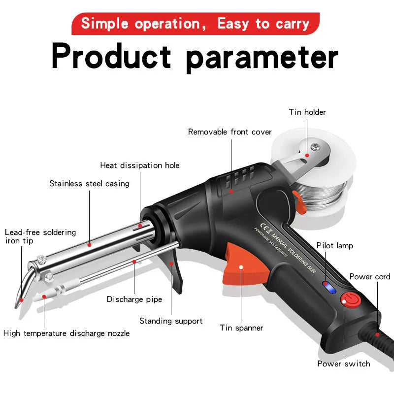 Black G102 alloy soldering gun with light, part of a five-piece kit on a workbench.