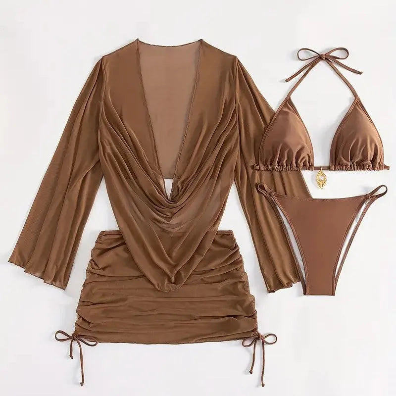 Dark brown women's lace-up back bikini set with sleeveless briefs design for swimming