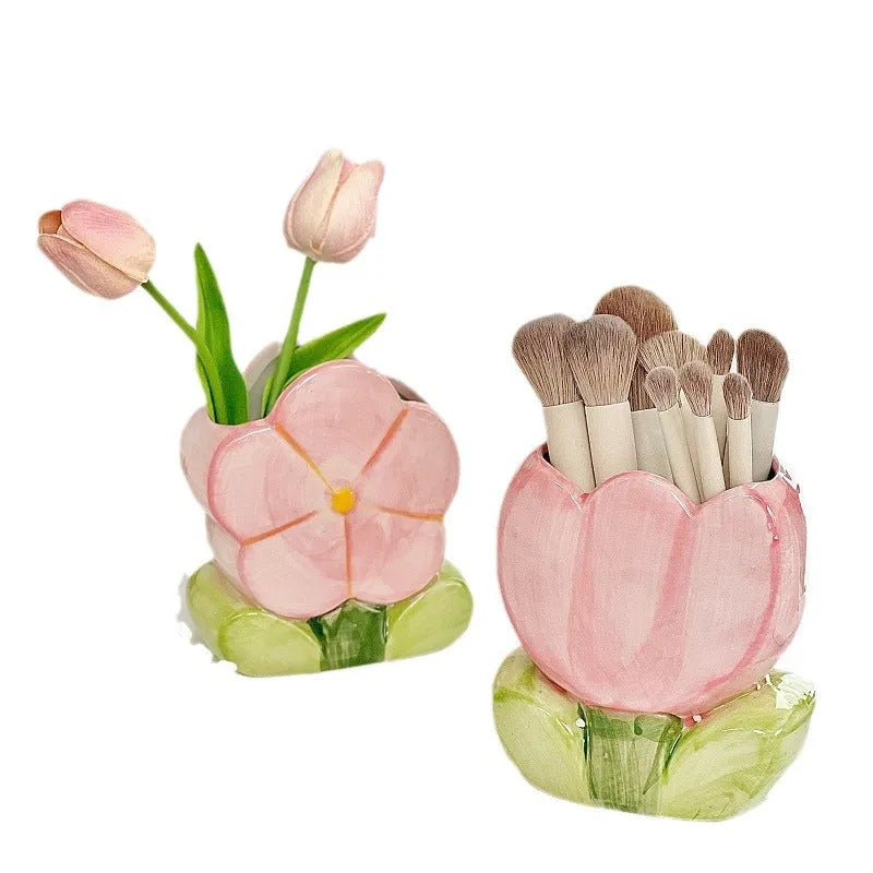 Ceramic flower pen holder storage box in floral pattern colours on desktop