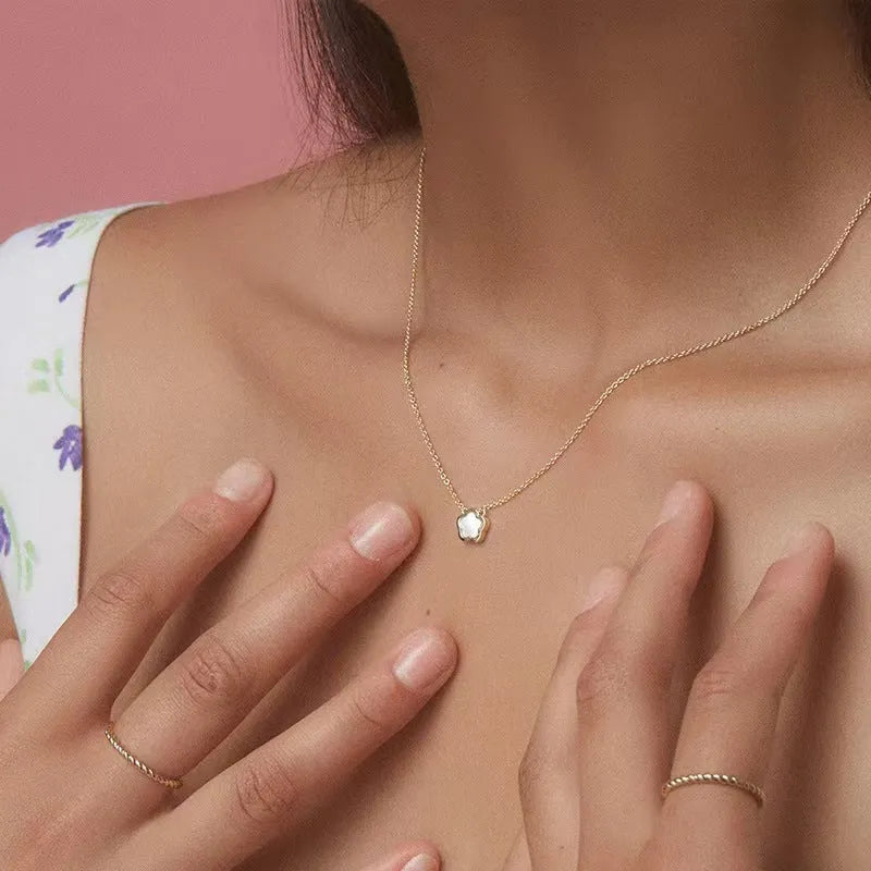 White Mother Shell Flower necklace with gold or silver chain on display