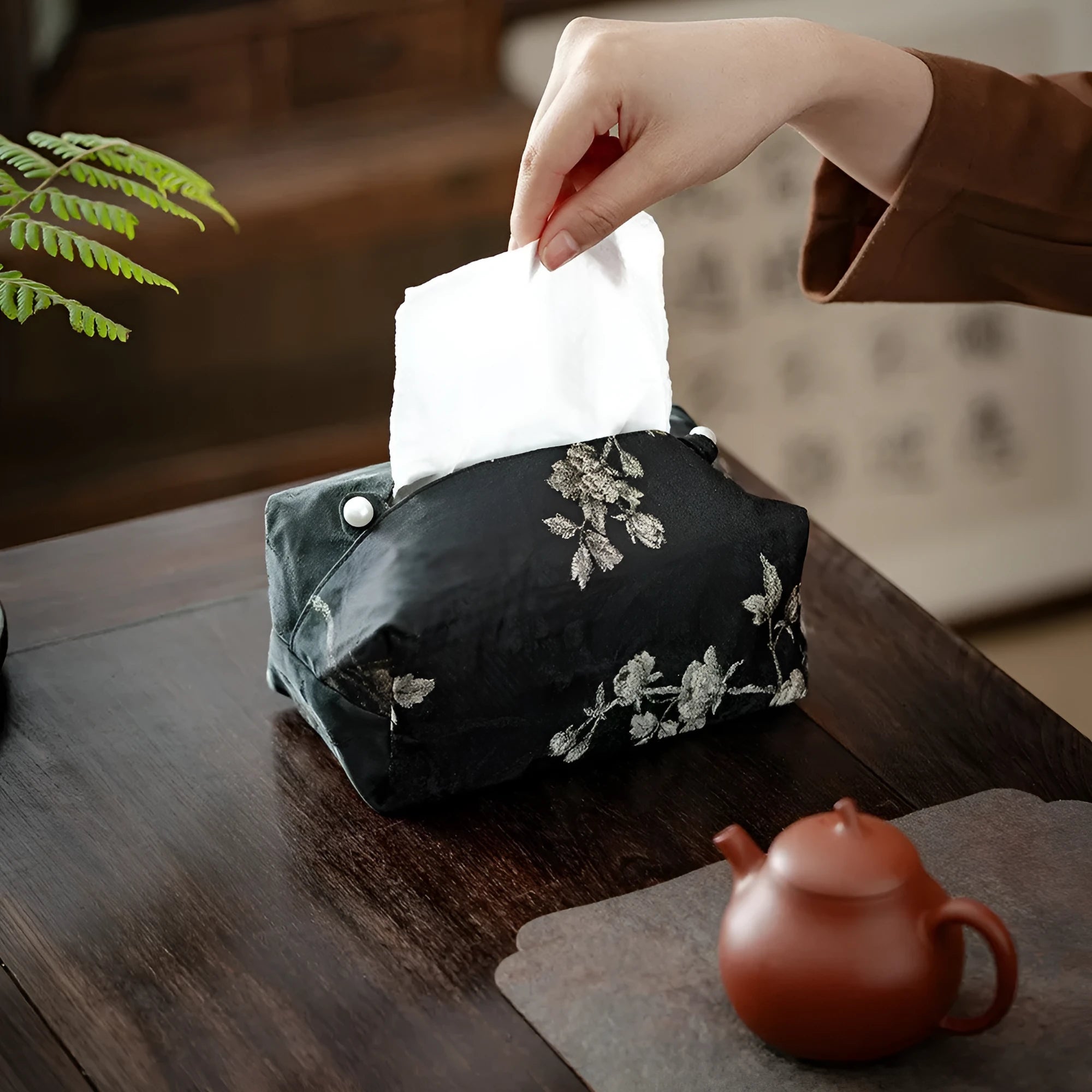 White Chinese brocade tissue box cover with embroidered plum flowers and optional pearl buckle