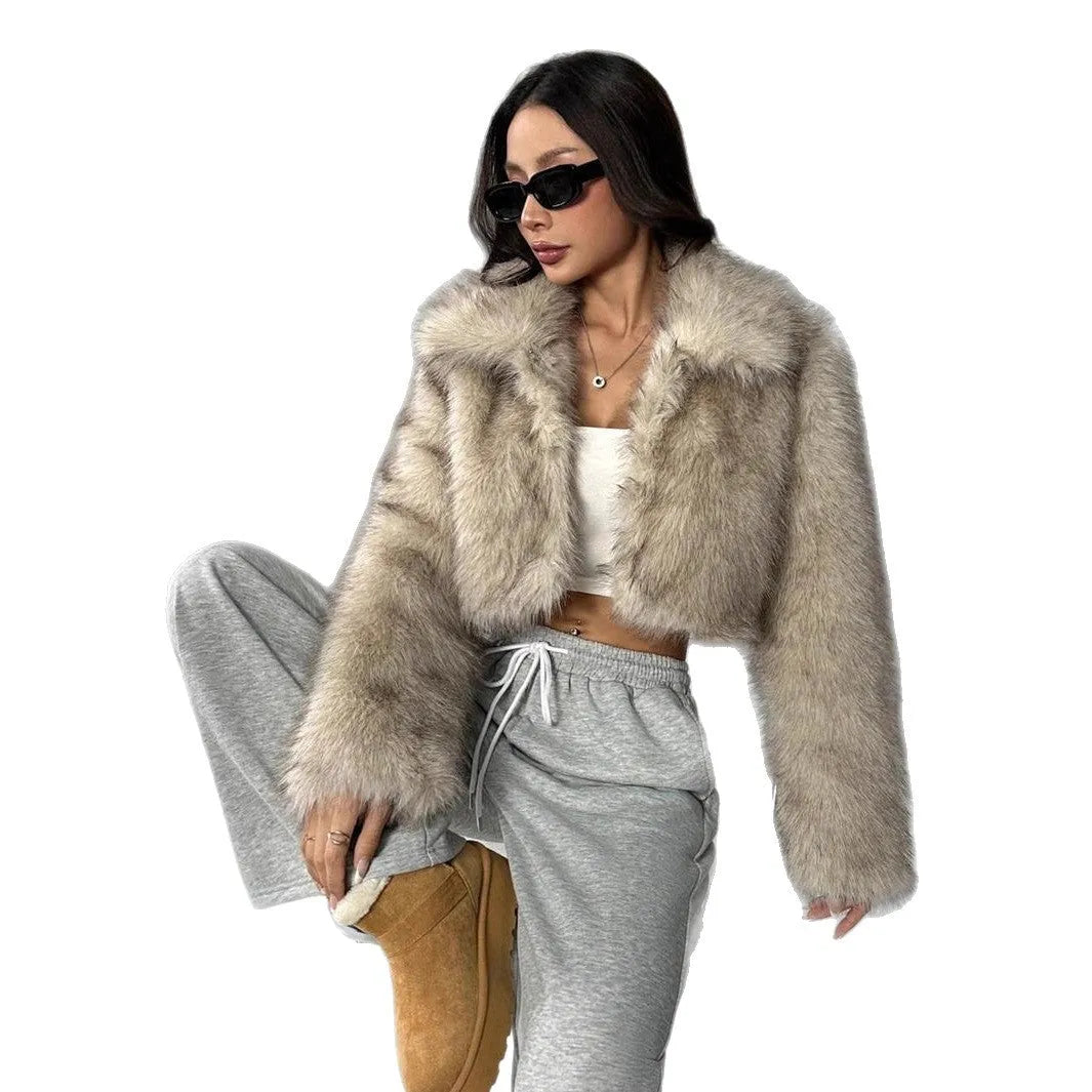 Artificial fur coat with fur collar in short 40cm length showing thick fabric texture