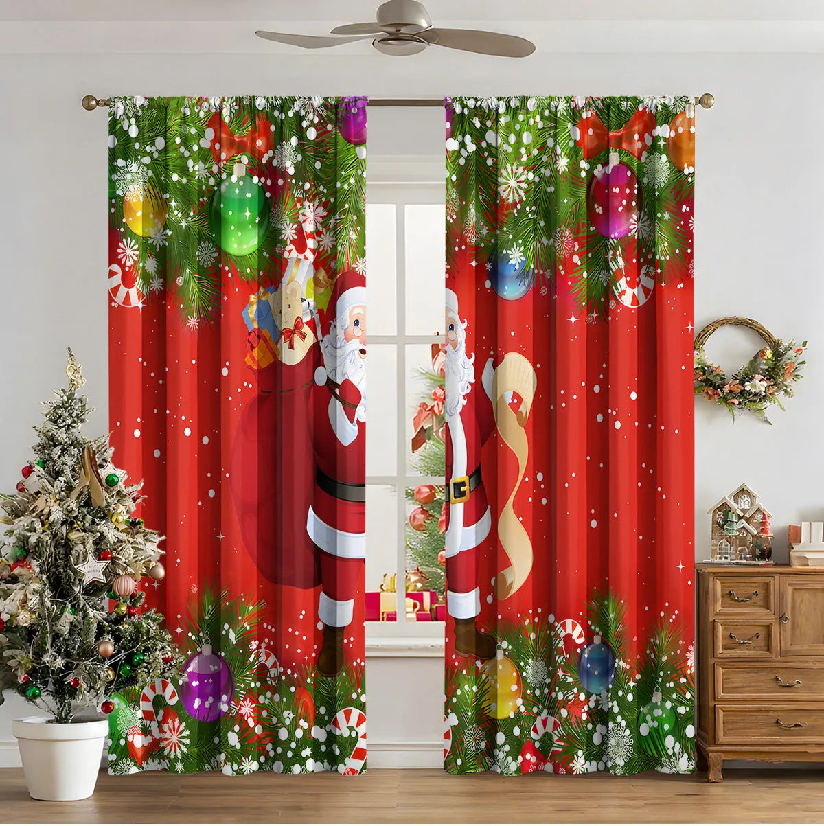 Pair of 3D digitally printed Christmas curtains with a European pattern on polyester fabric.