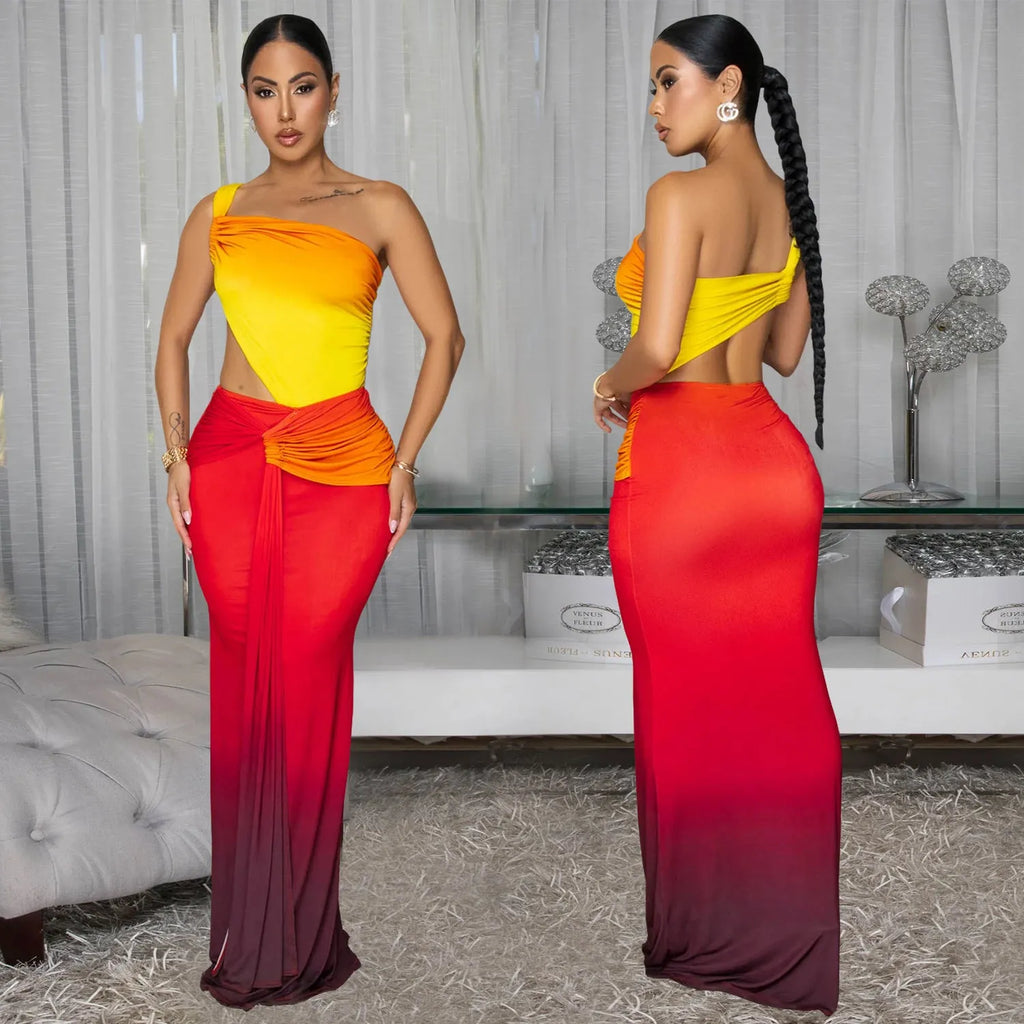 Women's cross-shoulder gradient maxi dress in polyester with high waist and sleeveless design