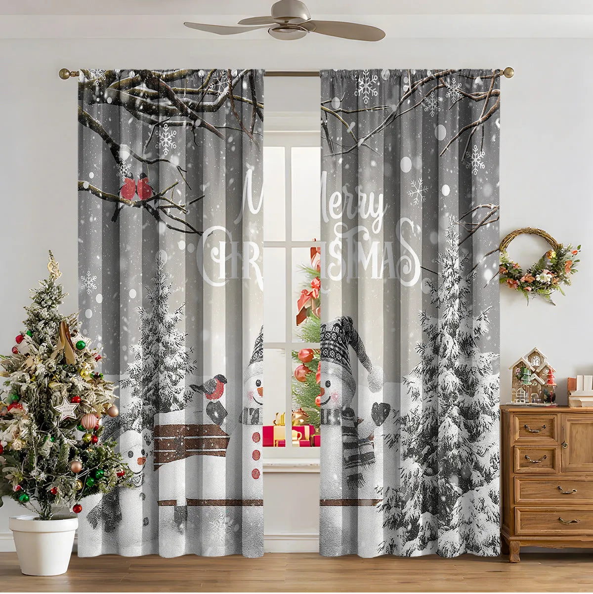 Pair of 3D digitally printed Christmas curtains with a European pattern on polyester fabric.
