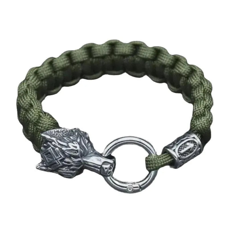 Stainless steel wolf head bracelet with Luen character in camouflage colour on wrist