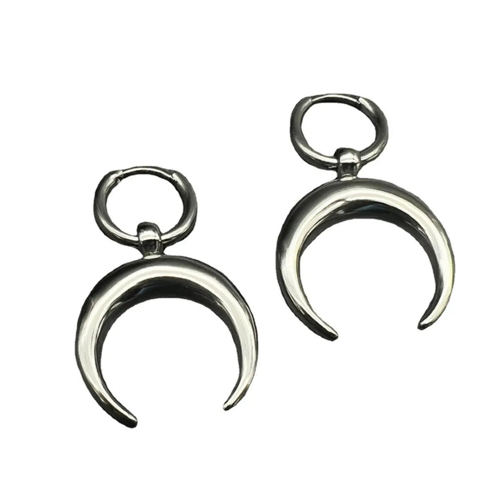 Silver alloy clip-on hoop earrings with gothic moon design and punk style geometric shape