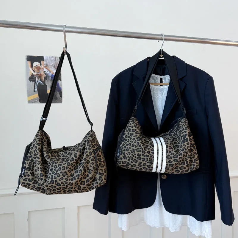 Large capacity leopard print crossbody shoulder bag with sports style stitching details