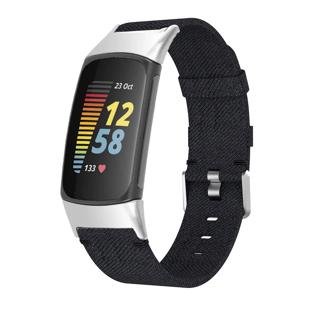 Nylon canvas sports wristband for Fitbit Charge 3 in black with textured strap surface