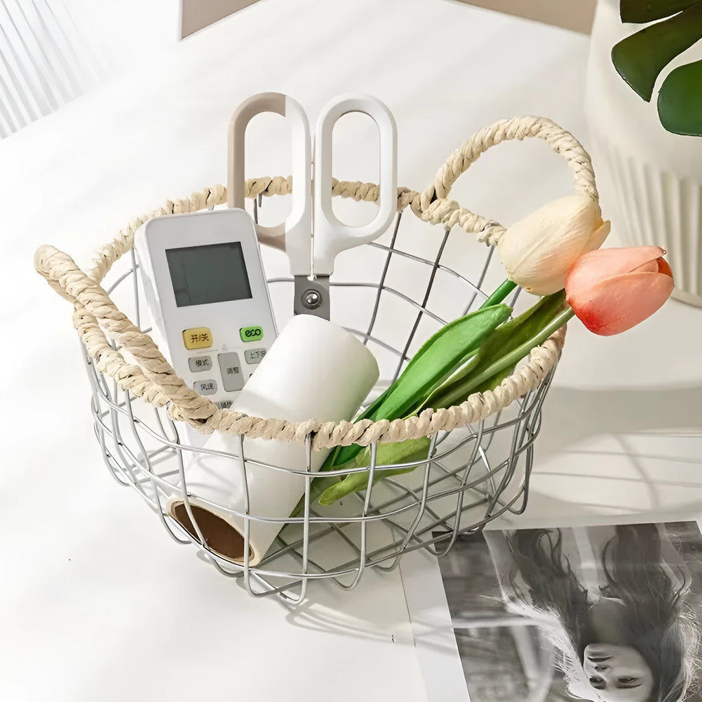 Nordic iron wire woven storage basket in binaural woven style, small size, containing fruit on a kitchen countertop