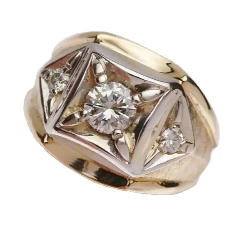Geometric hollow couple rings with wide face design in gold colour featuring chamfered square pattern details